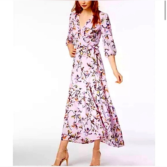 BAR III Maxi Wrap Summer Dress with 3/4 Sleeves in Lilac Floral Print - Picture 6 of 6